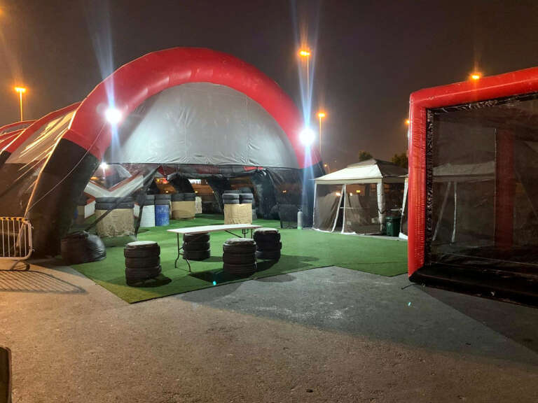 Event arena with seating area at night