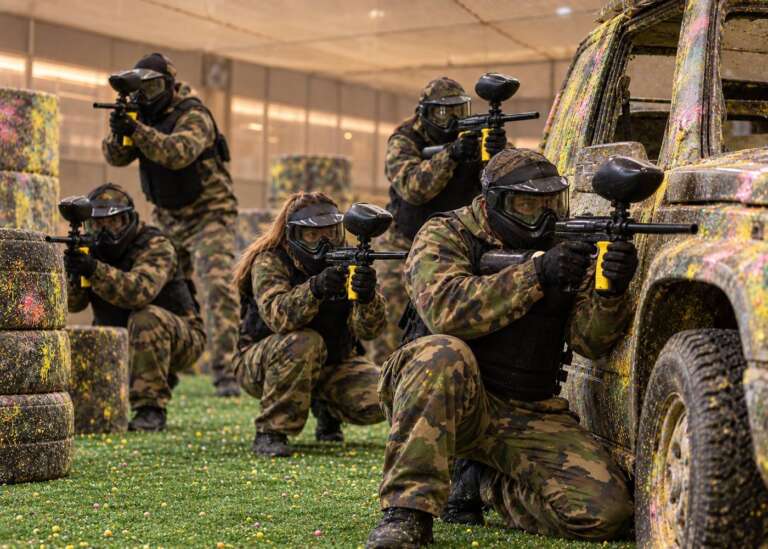 Team of players in camo and full-face masks aiming together from cover in the Battle Zone arena